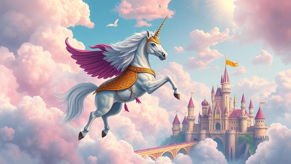 A brave unicorn with golden armor flying through cotton candy clouds above a fairy tale castle