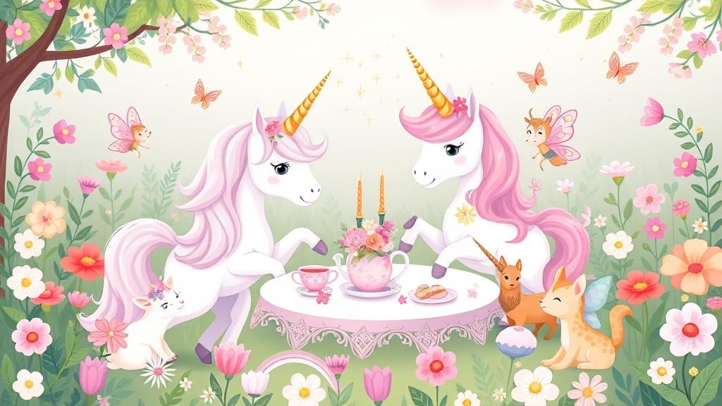 A unicorn tea party in a flower garden with woodland animals and fairy friends