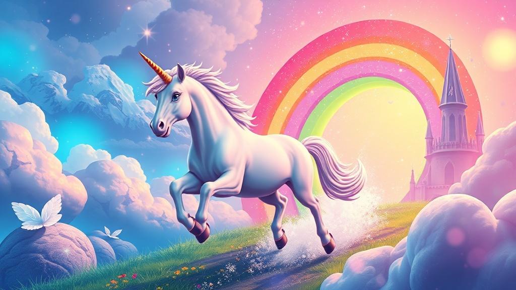 A unicorn racing through a magical rainbow portal between enchanted worlds