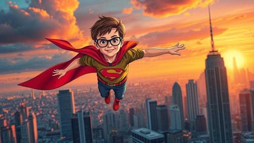 A brave young superhero child flying over a colorful city skyline at sunset with cape flowing in the wind
