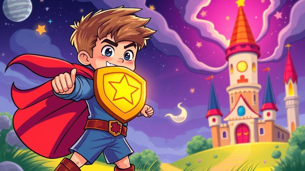 A young superhero with a glowing shield defending a magical kingdom from a silly villain