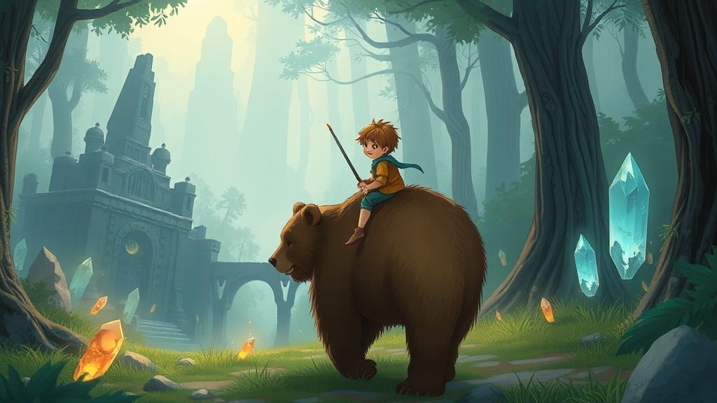 A child riding a friendly giant bear through a misty magical forest with ancient ruins and glowing crystals