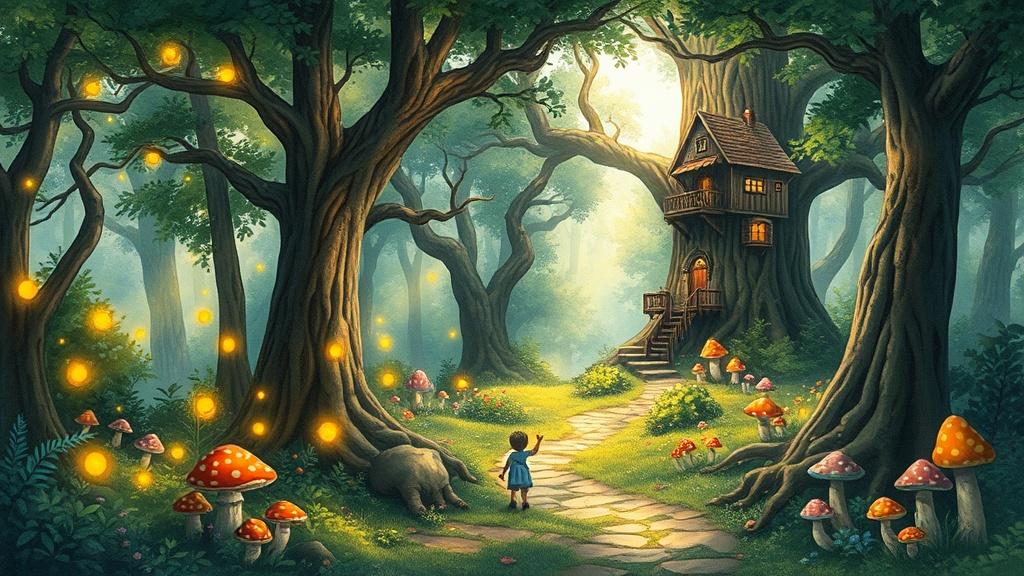 A magical enchanted forest with towering ancient trees, glowing fireflies, colorful mushrooms, and a winding path leading to a treehouse
