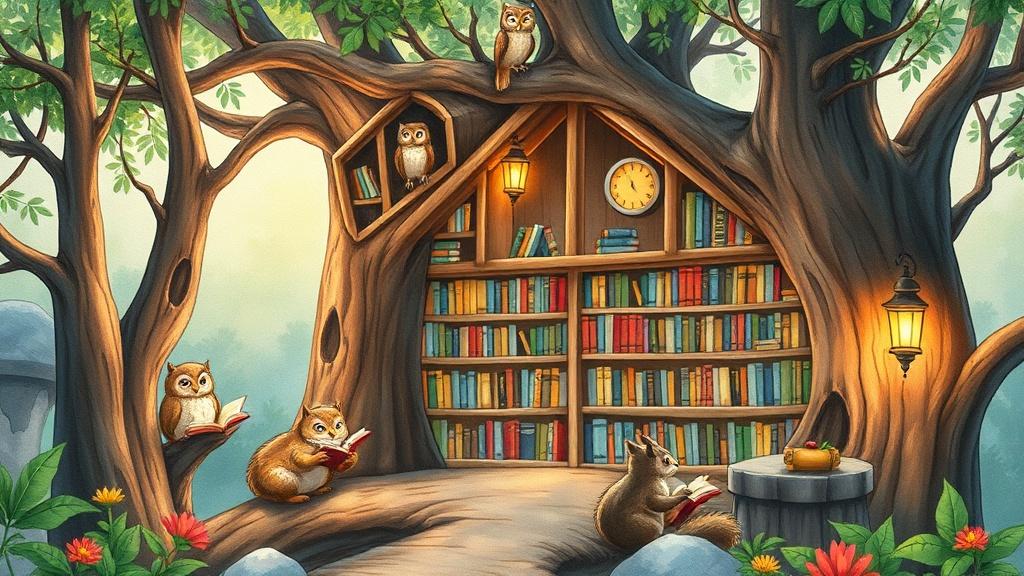 A treehouse library in an enchanted forest with bookshelves built into tree branches and owls reading books