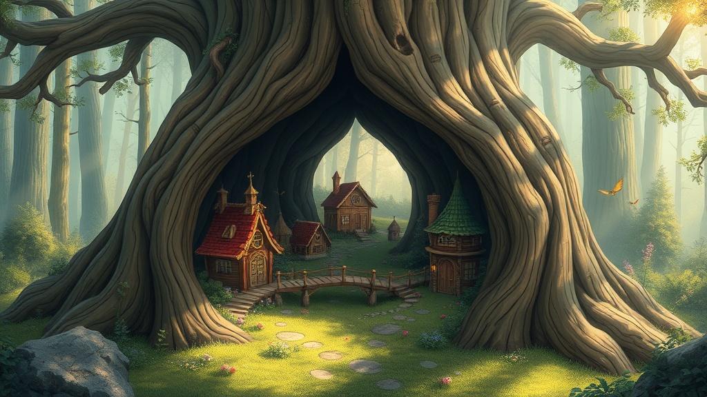 A fairy village hidden inside a hollow tree trunk with tiny houses, bridges, and gardens