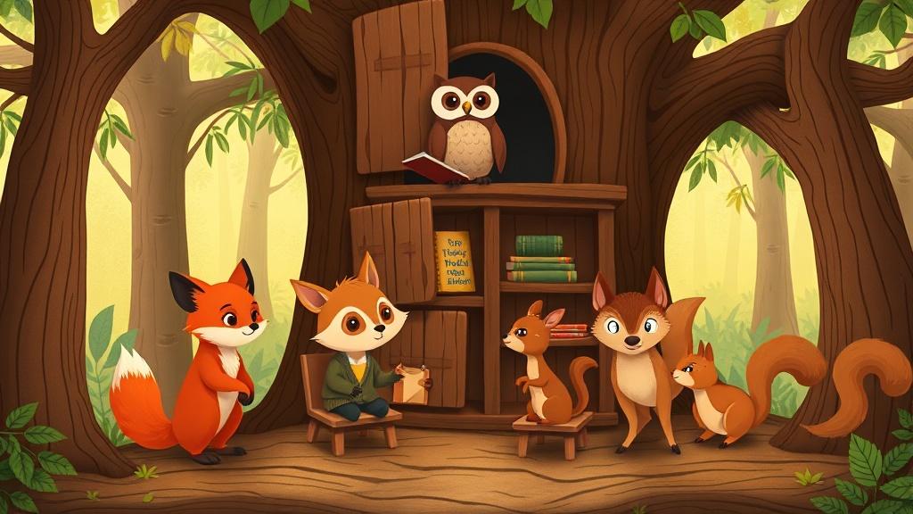 A treehouse school where forest animals sit on tiny chairs learning from a wise owl teacher