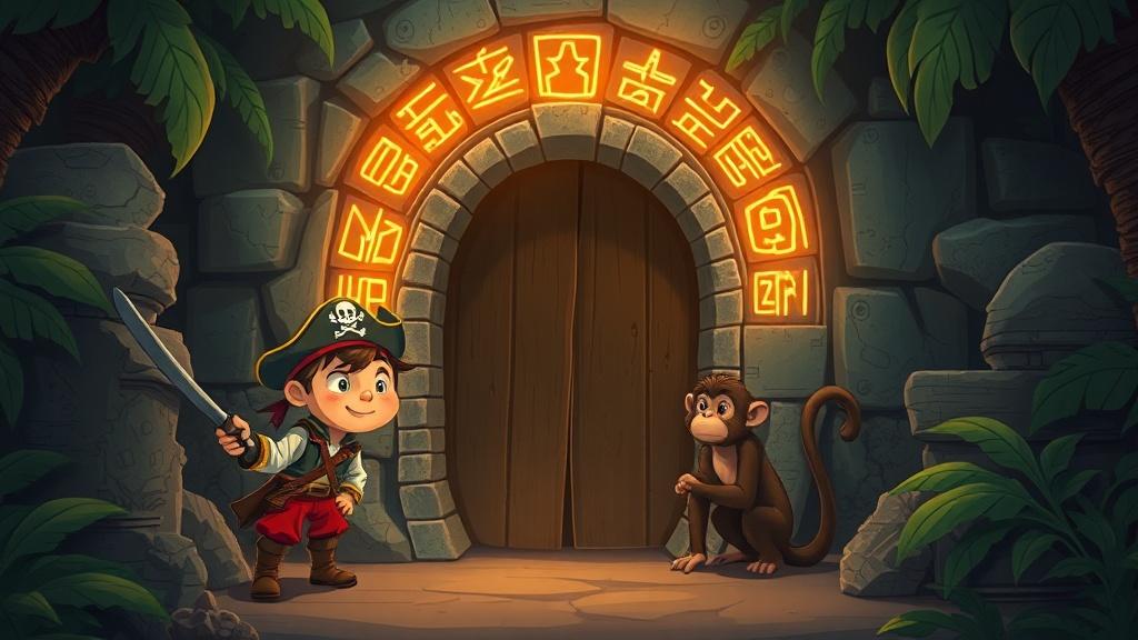 A child pirate and a friendly monkey discovering an ancient stone doorway covered in glowing runes deep in a jungle temple