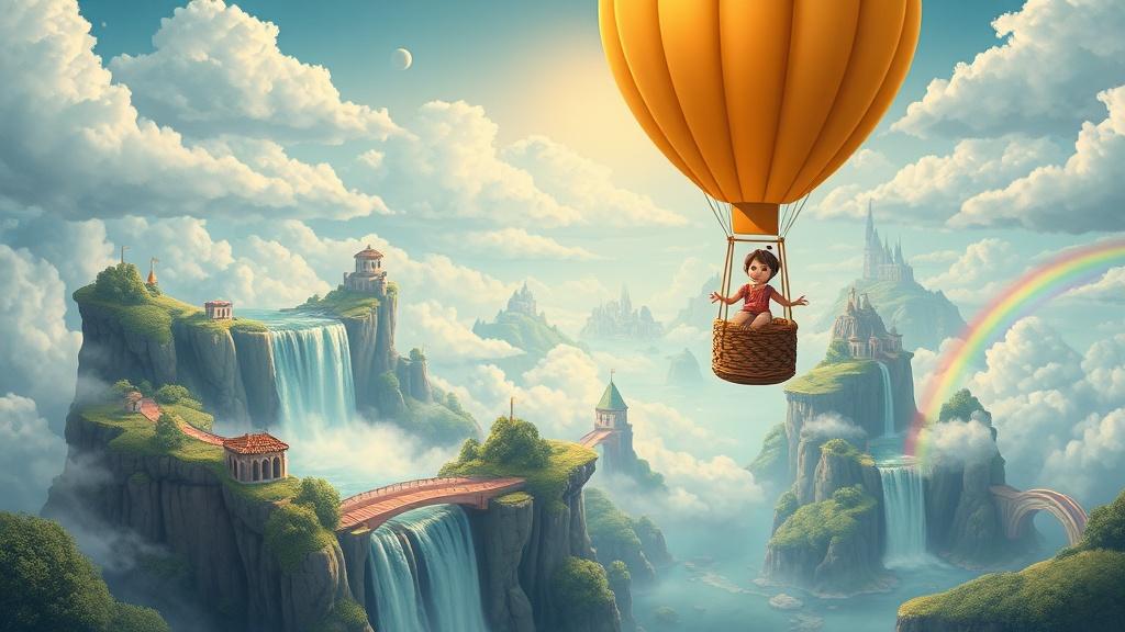 A child riding a hot air balloon over a magical landscape of floating islands with waterfalls pouring into clouds and rainbow bridges