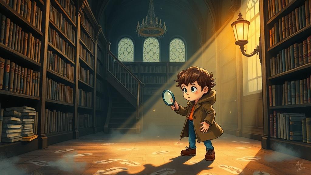 A child detective with a magnifying glass examining mysterious footprints in a dimly lit old library with towering bookshelves and warm golden lamplight