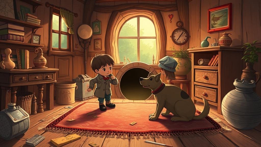 A kid detective and a loyal dog discovering a secret trapdoor hidden under a rug in a cozy old cottage with clues scattered around
