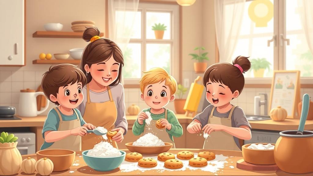 A family cooking together in a cozy kitchen with parents and children making cookies with flour on their noses