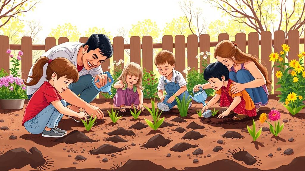 A family planting a garden together with children digging in the dirt while parents water flowers