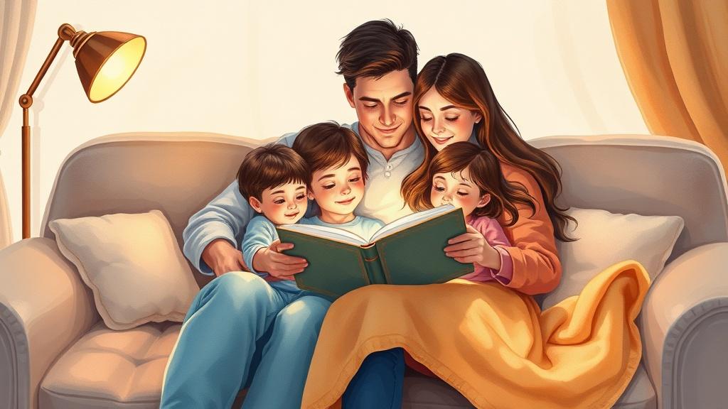A loving family of four reading a storybook together on a cozy couch with soft blankets and warm lamp light in watercolor style