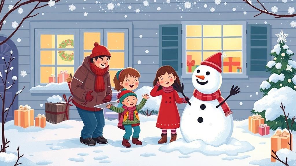 A family building a snowman together in their backyard on Christmas morning with presents visible through the window