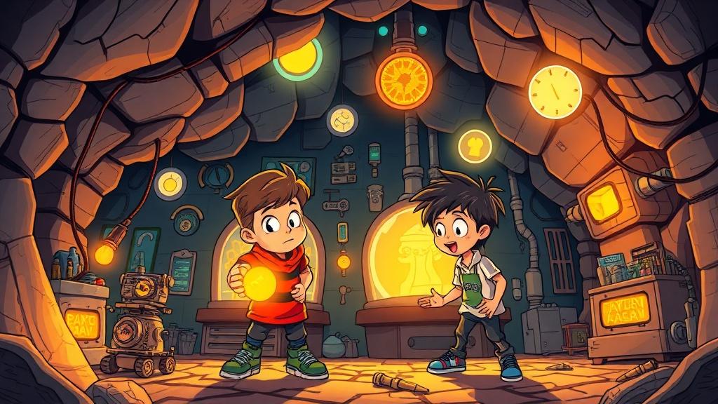 Two comic book style kids discovering a secret underground laboratory filled with glowing inventions and gadgets dynamic panel composition vivid colors bold outlines