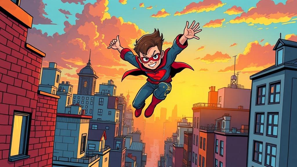 A dynamic comic book superhero kid leaping between rooftops in a vibrant city at sunset bold outlines vivid colors halftone dots action lines professional comic book art style