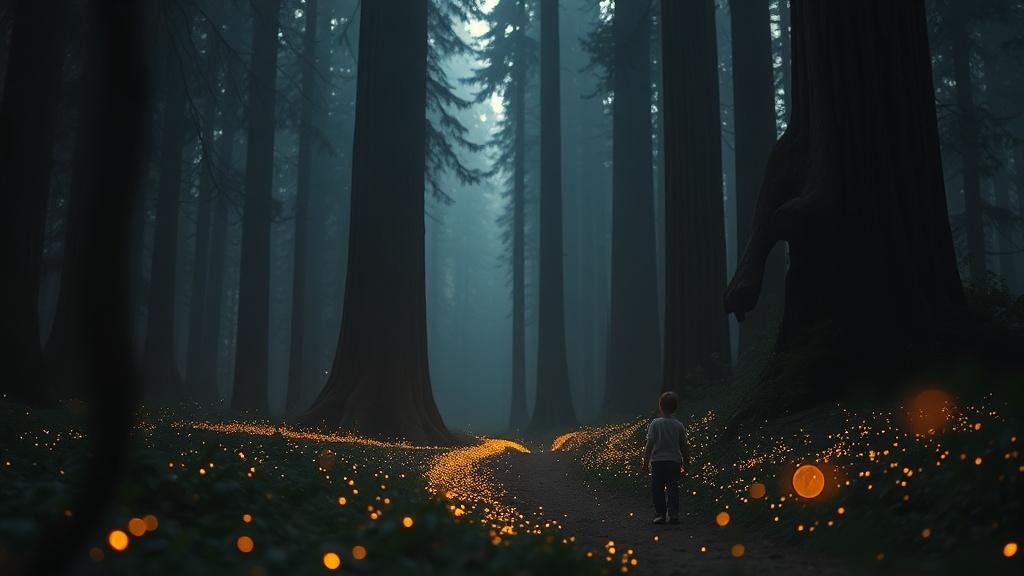 A cinematic forest scene with a child following a trail of glowing fireflies through ancient redwood trees at twilight with volumetric fog