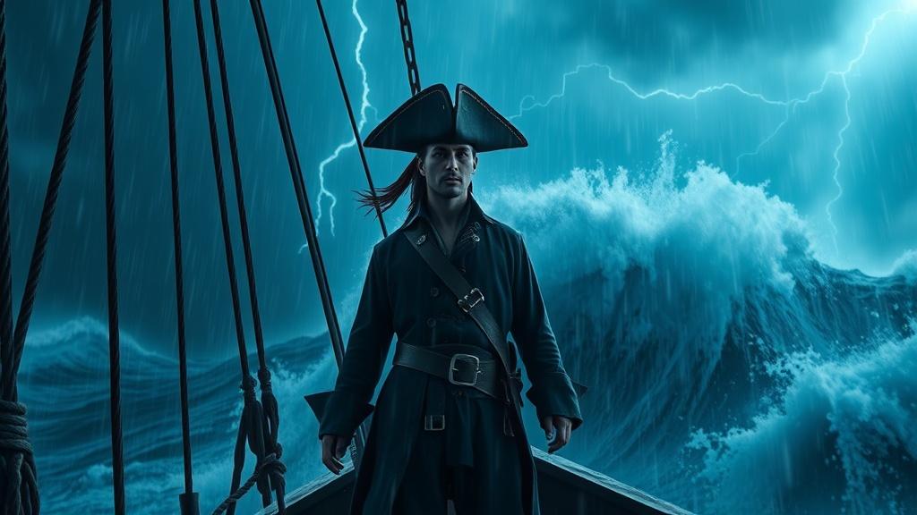 A cinematic scene of a young pirate captain standing at the bow of a ship during a dramatic storm with lightning illuminating rain and massive waves