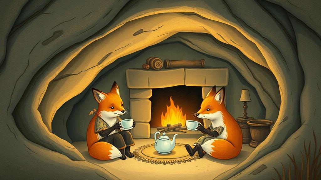 A classic children's book illustration of a fox family having tea in their underground burrow with a cozy fireplace