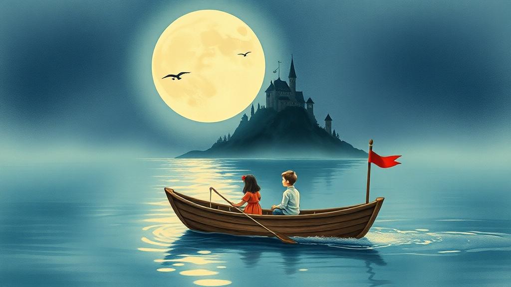 A classic vintage illustration of children sailing a small wooden boat across a moonlit lake toward a mysterious island